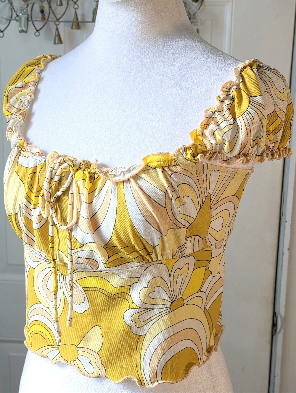 Urban Outfitters Farley Square Neck Crop Top Womens M Yellow Retro Floral Ruffle